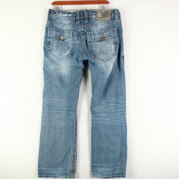 Rock Revival Jeans Mens 33X32 Blue Layne Relaxed Straight Stone Wash Distressed - Picture 4 of 14